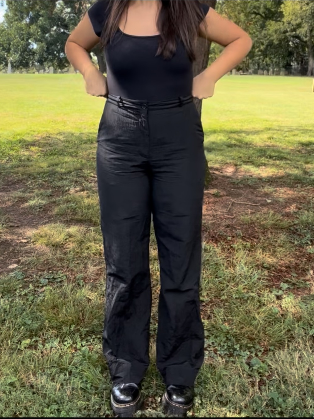 WOOD WOOD Black Nylon Wide Leg Trousers | Size 42